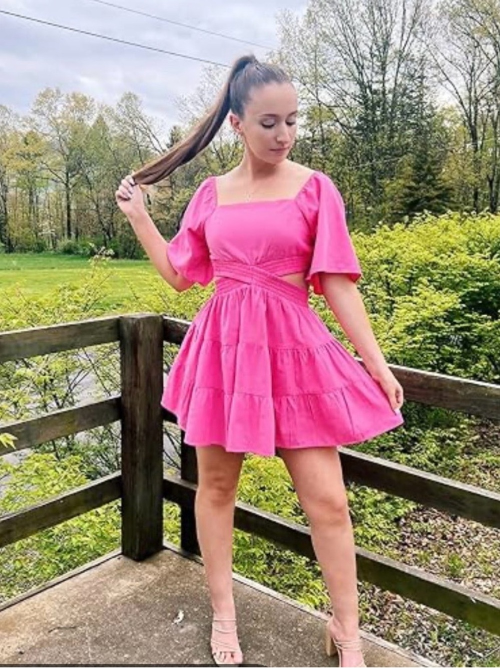Willow & Root Fuchsia Pink Cutout Tiered Mini Dress Size S - Picture 6 of 10